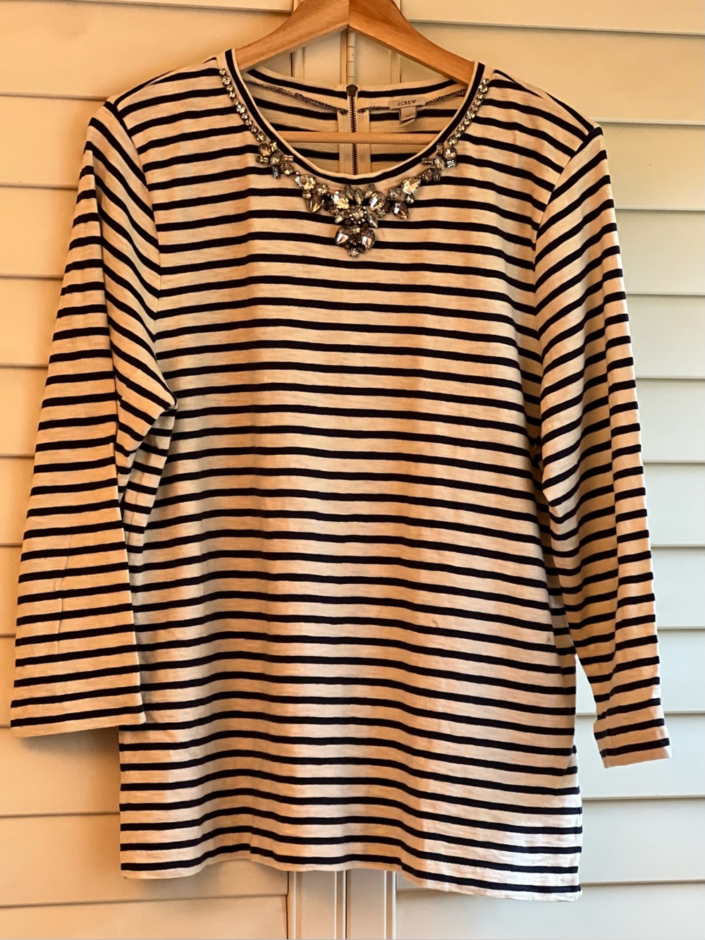 J.CREW Embellished Rhinestone Neckline Striped Breton Top Black / Cream Size XL